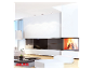 Moderne meubels, inbouwverlichting en een Baufix-haard in een stijlvolle woonkamer.