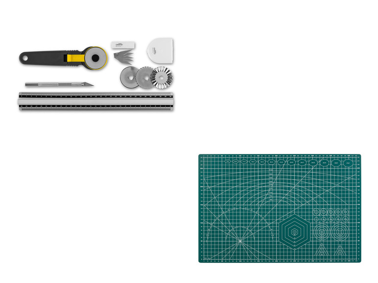 Een snijmat, liniaal, rolmes en ronde snijgereedschappen.