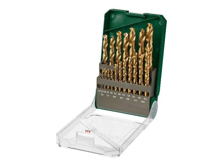 Set gouden boren in groene en transparante koffer, met maten van 1.0 tot 10.0 mm.