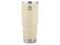 Beige thermosbeker met zilveren rand en donker driehoekig logo