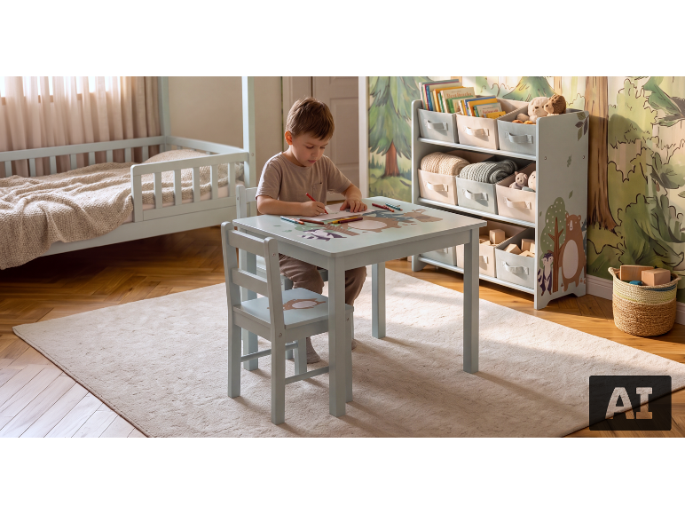 Jongen tekent aan een kindertafel met stoel in een kamer met bed en speelgoedrek.