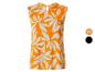 Oranje mouwloze top met witte bladprint en kleurdetails.