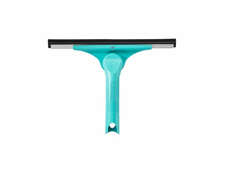 Turquoise raamwisser met rubberen blad en geribbeld handvat.