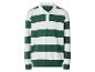 Groen-wit gestreept poloshirt met lange mouwen, witte kraag en knopen.