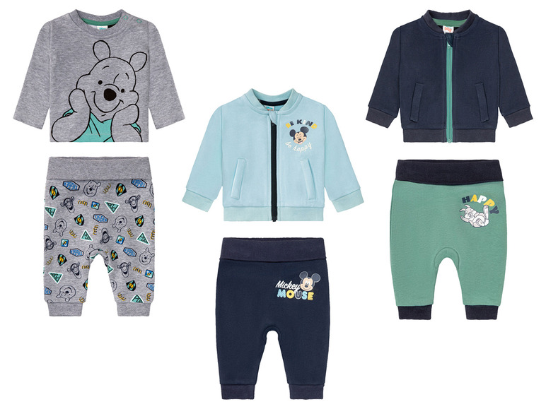 Babykleding met Winnie de Poeh, Mickey Mouse en Bugs Bunny-thema's.