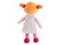 Pluchen pop met oranje haar, een jurk met patroon en rood-roze gestreepte kousen.