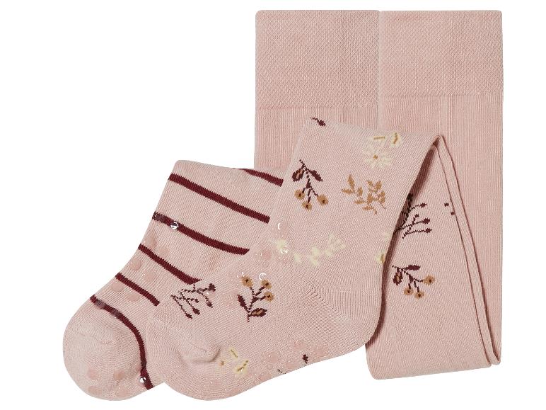 Roze baby-leggings met bloemenprint en donkerrode strepen.