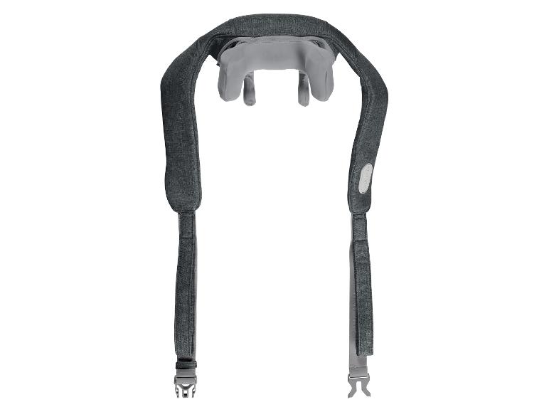 Grijze schoudermassageapparaat met banden en bedieningsknoppen.
