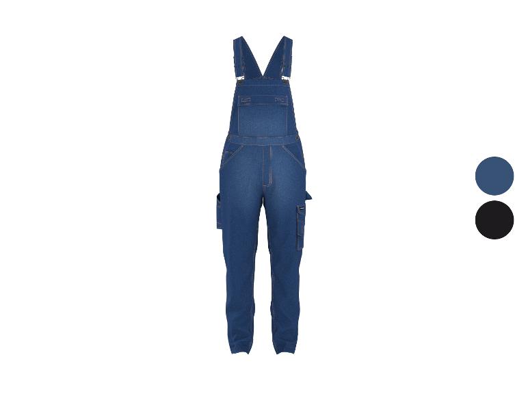 Blauwe denim overall met meerdere zakken, getoond met kleuropties.