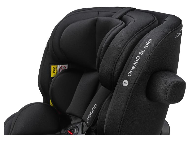 Zwart babyautostoeltje met de tekst 'One360 SL mini' en label '0-15M'