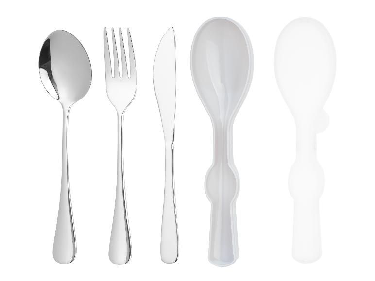 Set van metalen en plastic bestek inclusief lepels, vork en mes.
