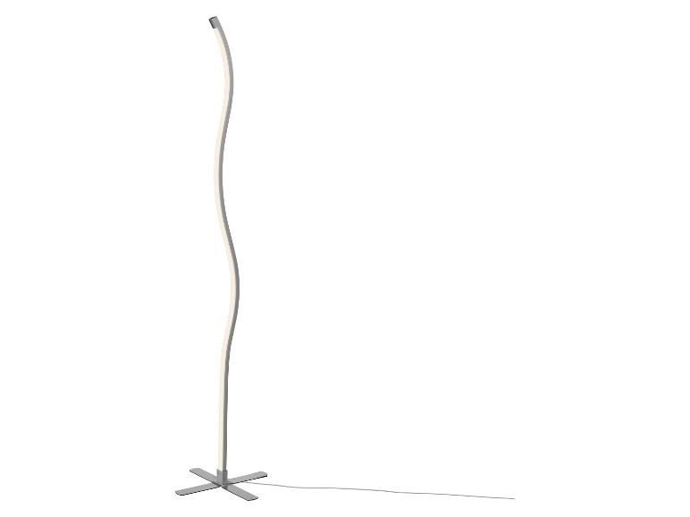 Moderne LED vloerlamp met golvend design en X-vormige voet.