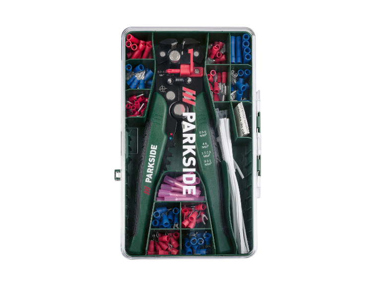 Parkside krimptangset met kabelschoenen en connectoren.