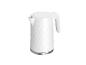 Witte waterkoker met honingraatpatroon en metalen basis.