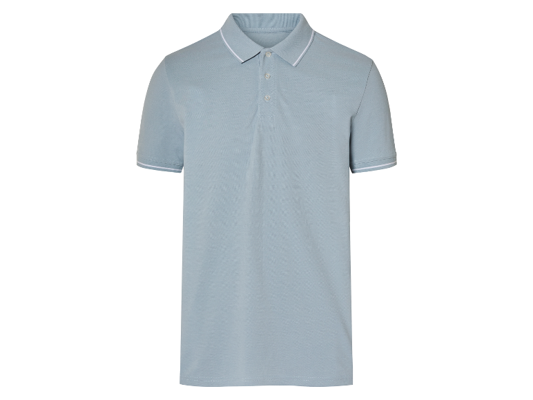 Lichtblauw heren poloshirt met witte boord.