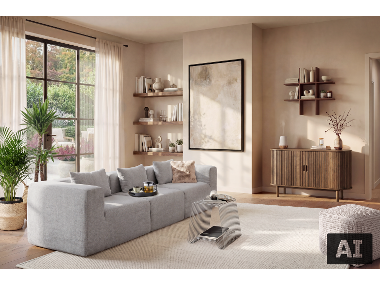 Moderne woonkamer met lichtgrijze modulaire bank, houten planken en een groot raam.