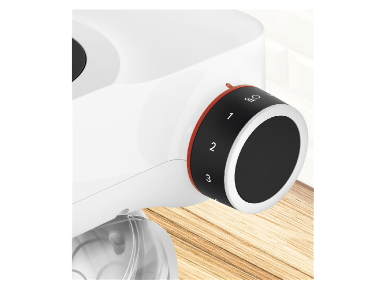 Snelheidsregeling van een witte mixer met rode details.