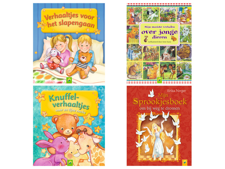 Vier kinderboeken over slapengaan, dieren en sprookjes.