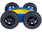Geel-blauwe speelgoedauto voor kinderen met grote zwarte banden