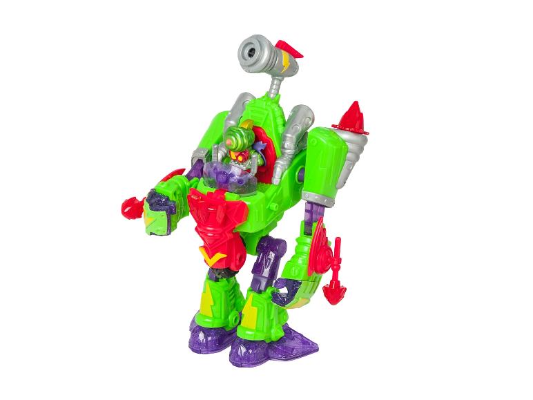 Groen en rood robotspeelgoed met een klein figuur erin, op een witte achtergrond.