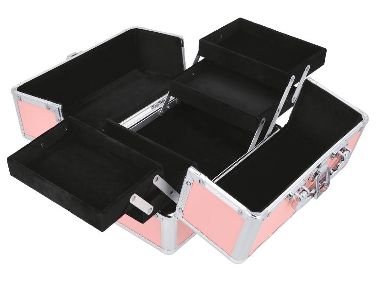 Open roze make-upkoffer met zwarte vakken en zilveren details.