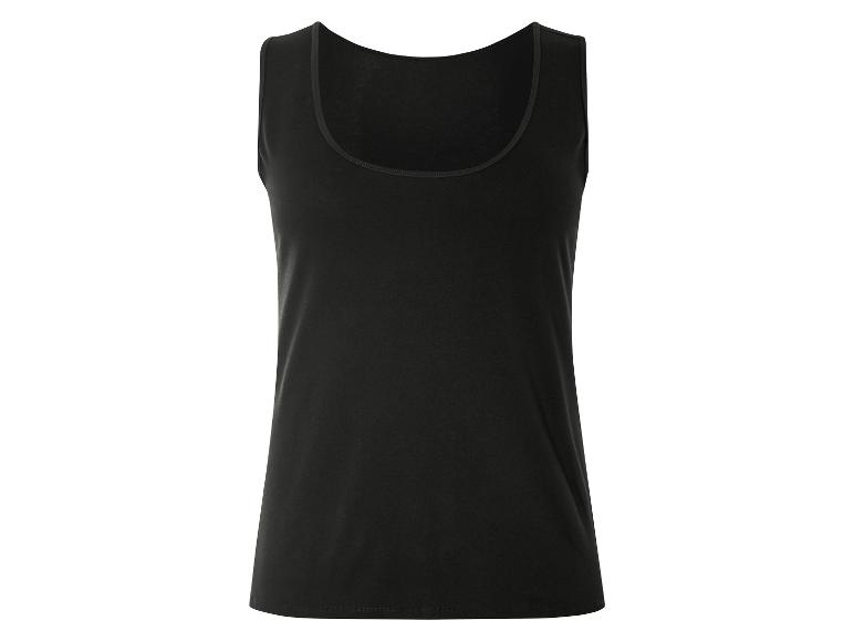 Een zwart, mouwloos shirt met ronde hals.