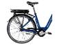 Blauwe Zündapp Z600 elektrische fiets met een op de bagagedrager gemonteerde accu.