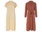 Twee maxi jurken, één beige met korte mouwen en één bruin met lange mouwen en een ceintuur.