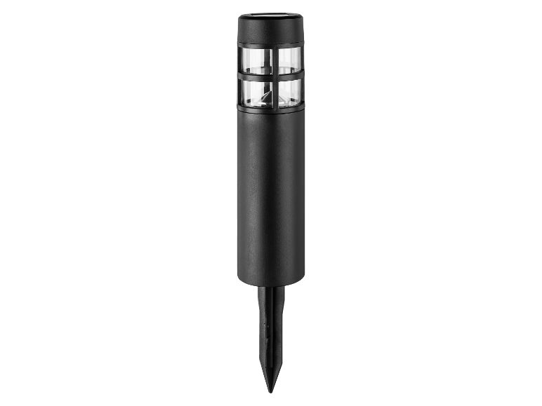 Zwarte solar tuinlamp met modern design.