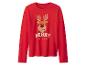 Rood shirt met lange mouwen met een lachend rendier en de tekst 'MERRY CHRISTMAS'.