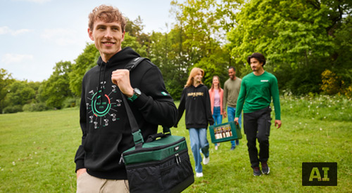 AI-gegenereerde afbeelding: Man draagt de zwarte Parkside-hoodie met grafische print op een weide in het park.