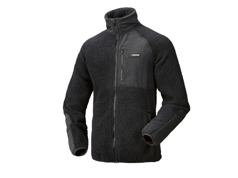 Zwart fleece vest met ritssluiting en borstzak.