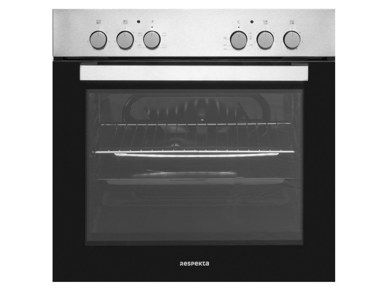 Een zilveren oven van Respekta met een glazen deur.