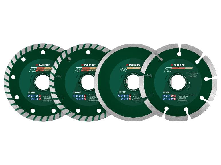 Vier groene ronde zaagbladen voor metselwerk, tegels en keramiek.