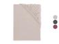 Beige hoeslaken met elastische hoeken en kleurkeuze: beige, grijs, paars.