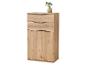 Houten kast met twee laden en twee deuren, versierd met een bloemenvaas.