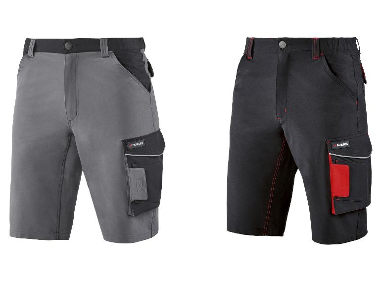 Twee werkshorts: grijs met zwarte details en zwart met rode details.