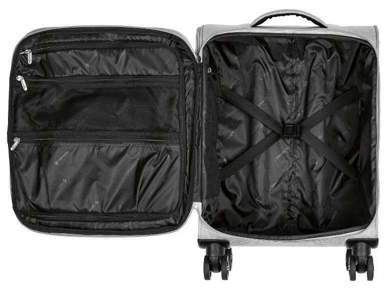 Een open Topmove koffer met wielen en een inpakriem.