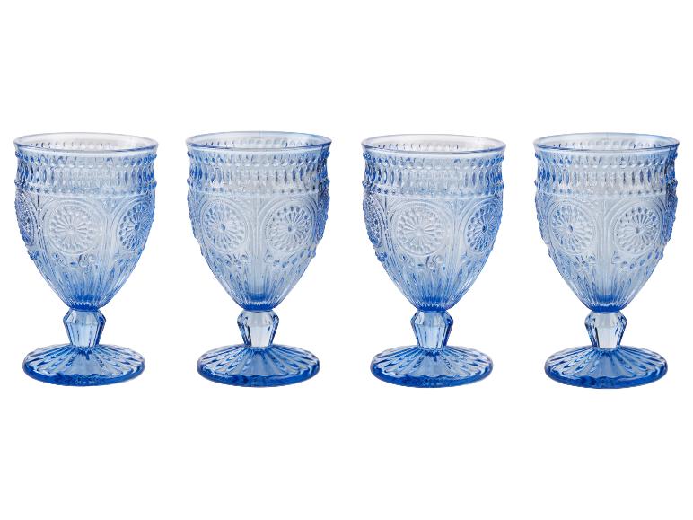 Vier blauwe wijnglazen, vintage stijl, gegraveerd.