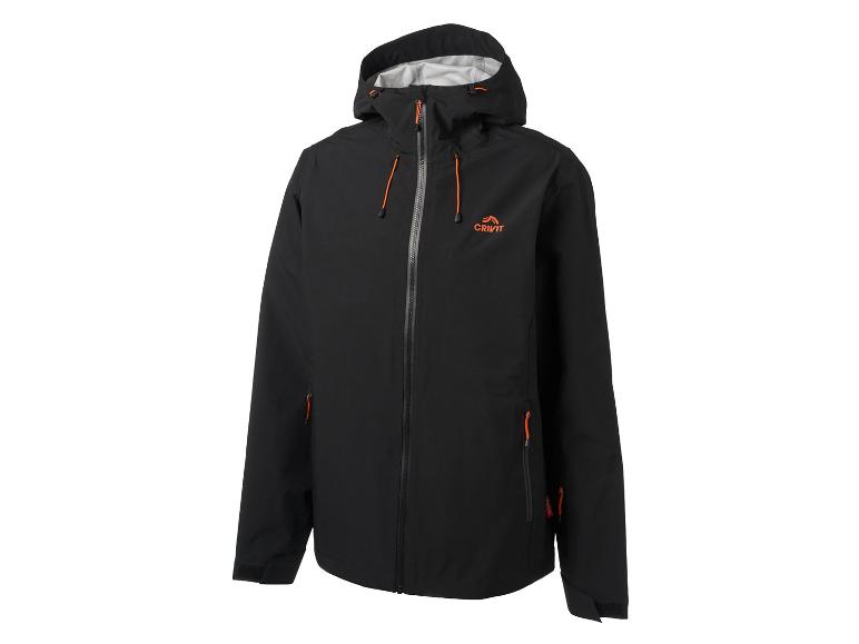Zwarte regenjas met capuchon en oranje details.