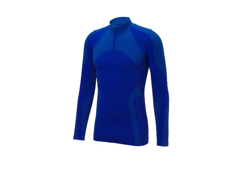 Blauw sportshirt met lange mouwen en korte rits bij de hals.