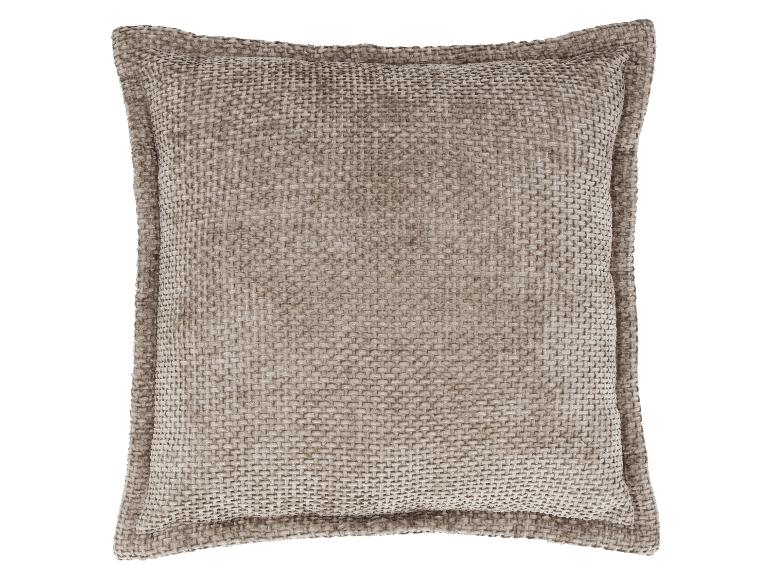 Beige decoratief kussen met een dikke geweven textuur.