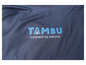Een donkerblauw tentdoek met het logo van Tambu: 'connect to nature'.