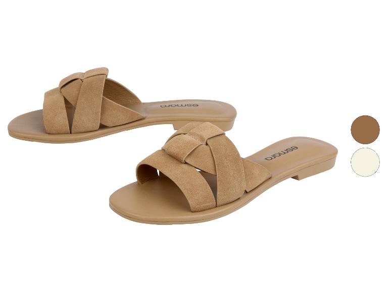 Beige Esmola suède sandalen met gekruiste bandjes.
