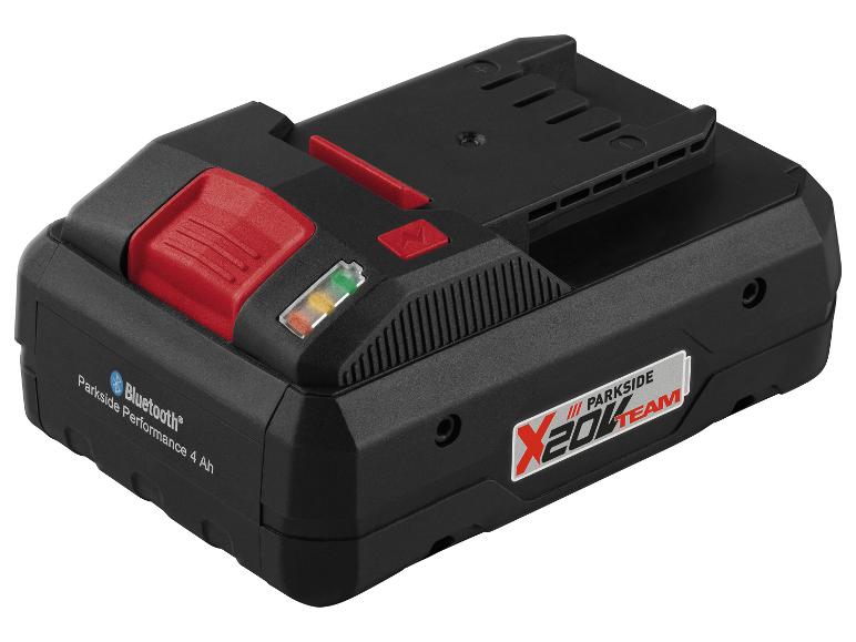 Zwarte Parkside Performance 4 Ah accu met Bluetooth en laadindicator.