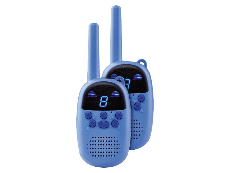 Twee blauwe kinderwalkietalkies met digitale displays en knoppen.