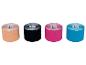 Vier rollen sporttape in beige, zwart, roze en blauwe kleuren.