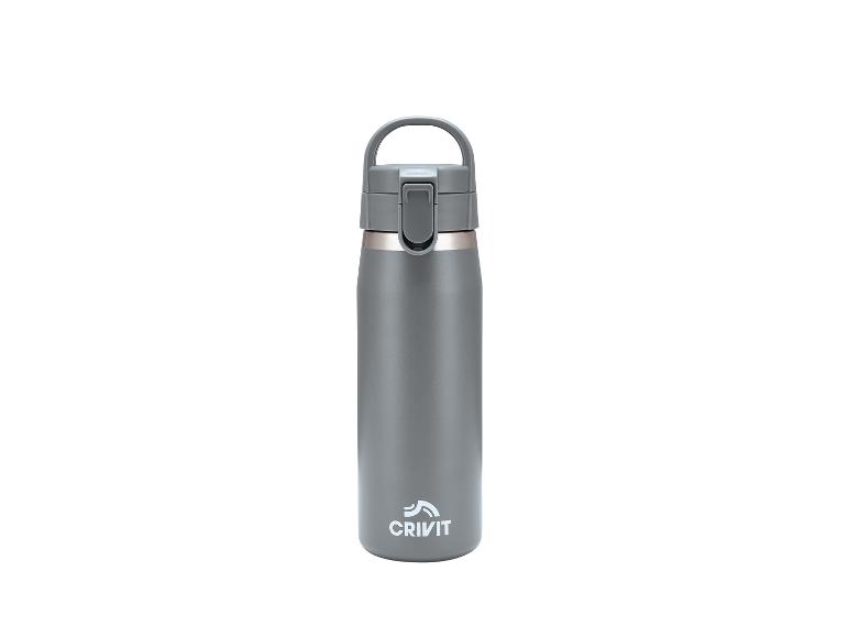 Grijze thermische waterfles met handvat en wit logo.