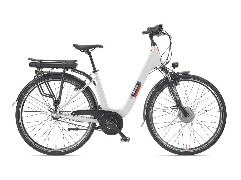 Witte elektrische fiets met bagagedrager en accu, zijaanzicht.