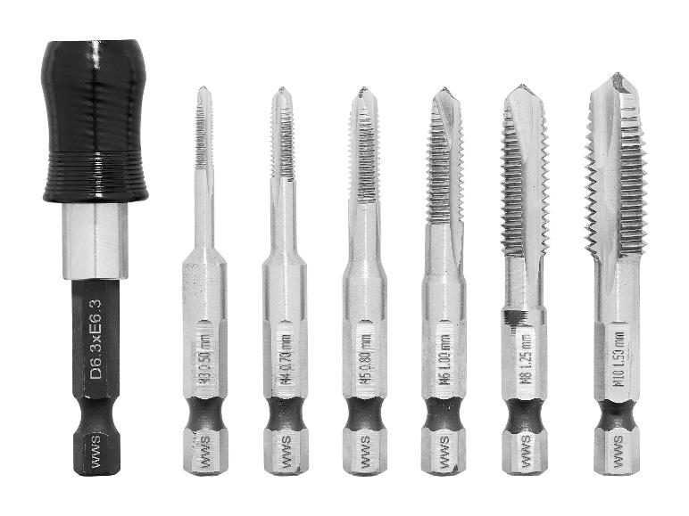 Set van 6 schroefdraadtappen met snelwisseladapter, maten van M3 tot M10.